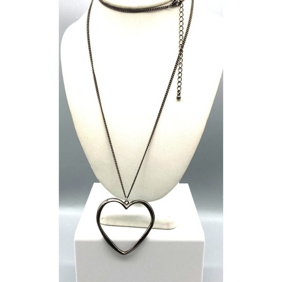 Vintage Heart Pendant Necklace, Gunmetal Chain with Open Outline - Picture 1 of 4